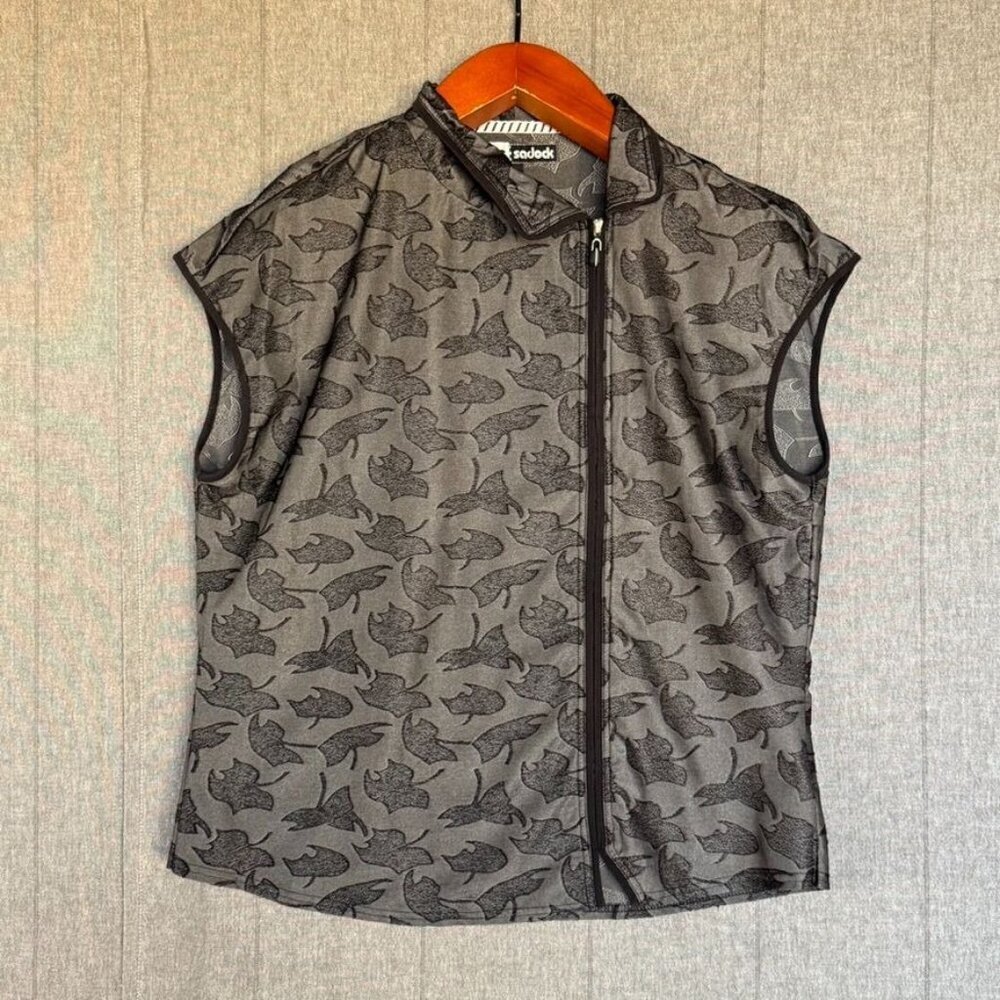 90s Vintage Jamie Sadock Golf Black Gray  Side Collar Zip Cap Sleeve Top Size XL